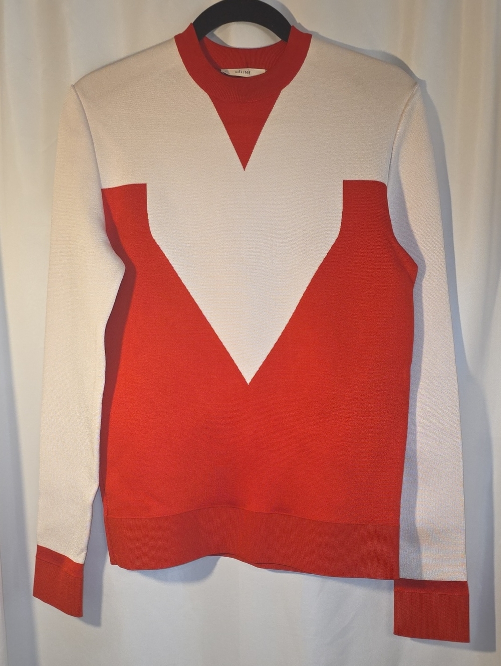 Celine Red and Cream V-Block Crewneck Sweater Stretchy Tick Medium Heavy Size M